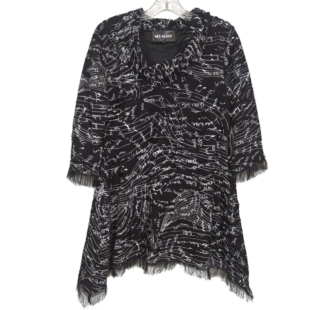 NEO NOBLE Cowl neck black white music note distressed lined fringe Tunic sz S‎
